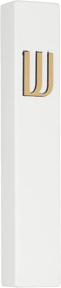 A&S Mezuzot Modern Concrete Mezuzah Case with Scroll, Easy Peel and Stick Mezuza (White+ Gold Shin, 5 Inches)