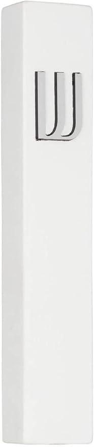 A&S Mezuzot Modern Concrete Mezuzah Case with Scroll, Easy Peel and Stick Mezuza (White+ Silver Shin, 5 Inches)