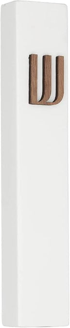 A&S Mezuzot Modern Concrete Mezuzah Case with Scroll, Easy Peel and Stick Mezuza (White+ Wood Shin, 5 Inches)