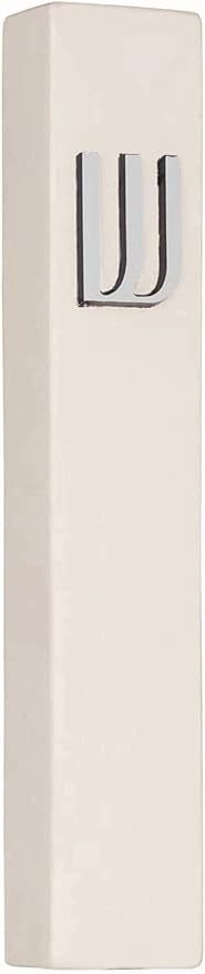 A&S Mezuzot Modern Concrete Mezuzah Case with Scroll, Easy Peel and Stick Mezuza (Ivory+ Silver Shin, 5 Inches)