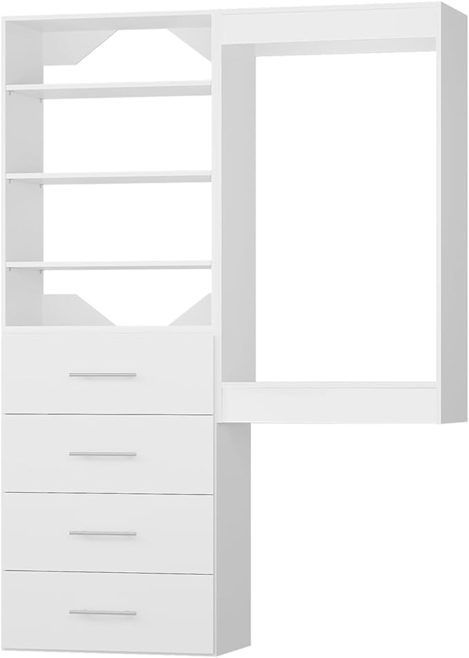 ROOMTEC Modular Closet System, 49" Wall-Mounted Closet Organizer with Drawers and Hanging Rods, Wooden Tower for Walk-In Closets, Wardrobe Storage Kit, White
