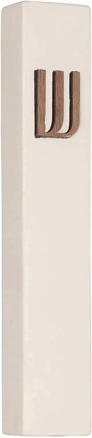 A&S Mezuzot Modern Concrete Mezuzah Case with Scroll, Easy Peel and Stick Mezuza (Ivory+ Wood Shin, 5 Inches)
