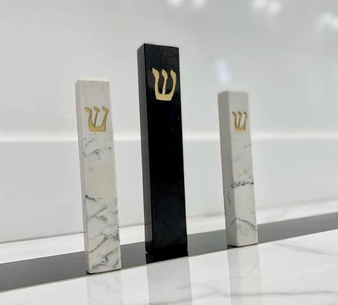 A&S Mezuzot Quartz Mezuzah Case with Engraved Shin Design Easy Peel and Stick Judaica Door Mezuza (White/Grey + GOLD, 6 Inches)