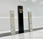A&S Mezuzot Quartz Mezuzah Case with Engraved Shin Design Easy Peel and Stick Judaica Door Mezuza (White/Grey + GOLD, 6 Inches)