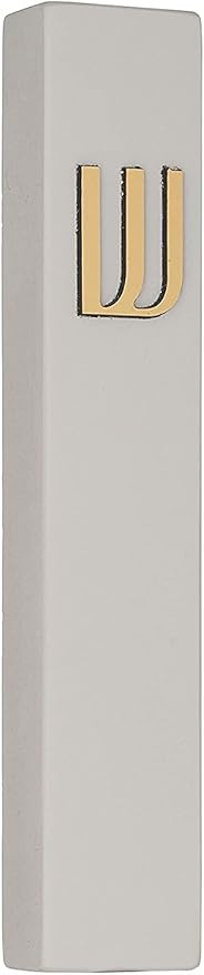 A&S Mezuzot Modern Concrete Mezuzah Case with Scroll, Easy Peel and Stick Mezuza (Grey+ Gold Shin, 11 Inches)