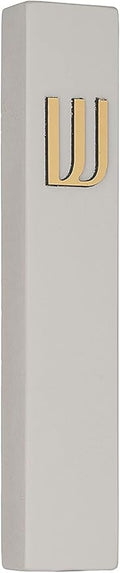 A&S Mezuzot Modern Concrete Mezuzah Case with Scroll, Easy Peel and Stick Mezuza (Grey+ Gold Shin, 11 Inches)