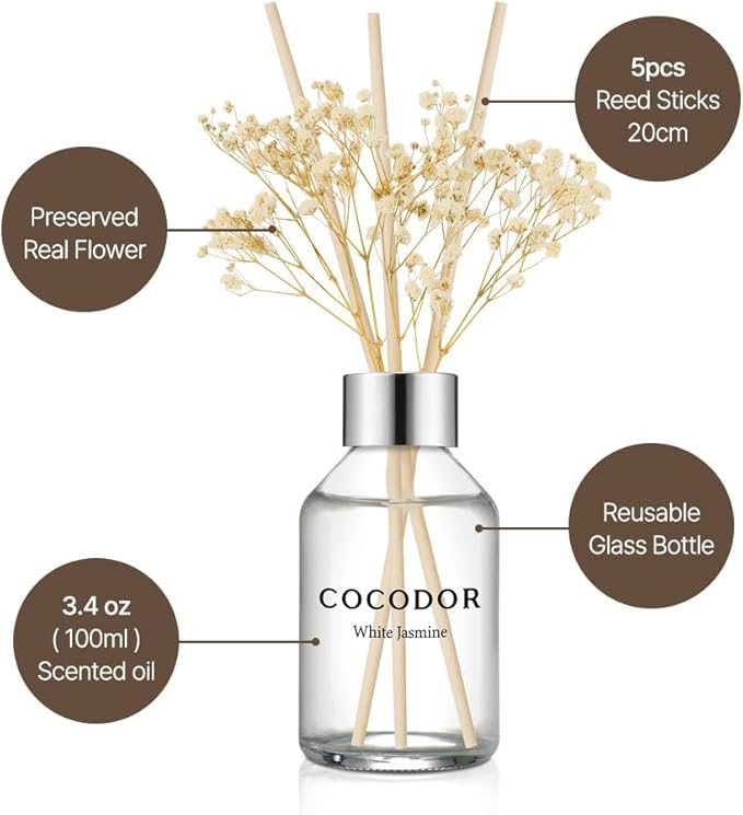 COCODOR Flower Reed Diffuser Set / 3.4oz / Lemon Eucalyptus/Scent Diffuser with Sticks Home Fragrance Reed Diffuser for Bathroom Shelf Decor