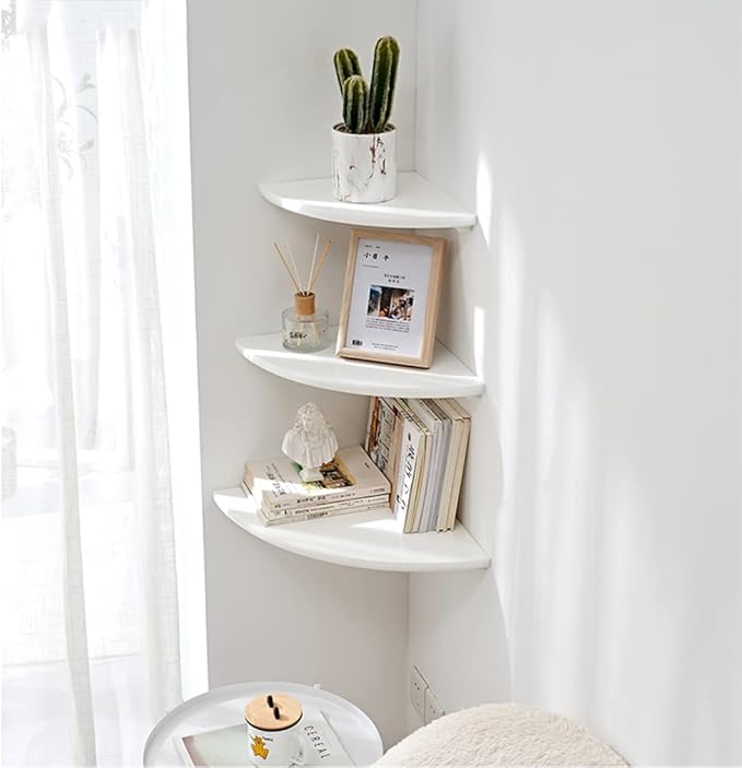 White Corner Shelf, Wall Mount Natural Oak Wood Floating Corner Wall Shelf Round End Small Corner Nightstand Plant Shelf for Bedroom, Kitchen, Living Room 12inch