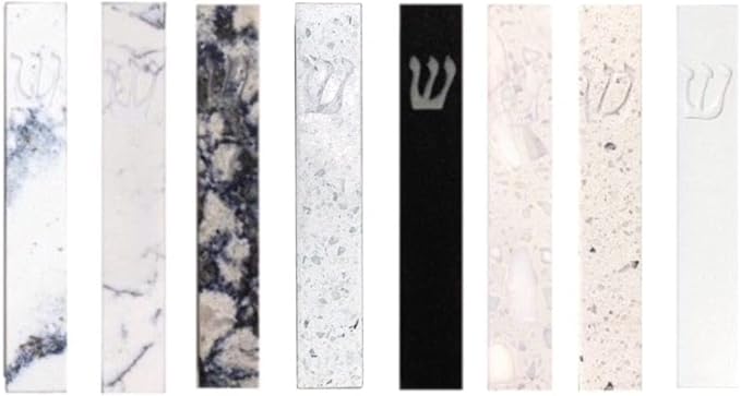 A&S Mezuzot Quartz Mezuzah Case with Engraved Shin Design Easy Peel and Stick Judaica Door Mezuza (White/Grey + GOLD, 6 Inches)