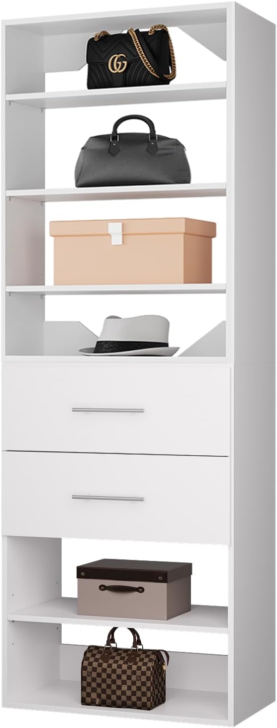 ROOMTEC Modular Closet System, 31.5" 2 Drawer Shelf Closet Tower Wall-Mounted Closet Organizer, Wooden Tower for Walk-In Closets, Wardrobe Storage Kit, White