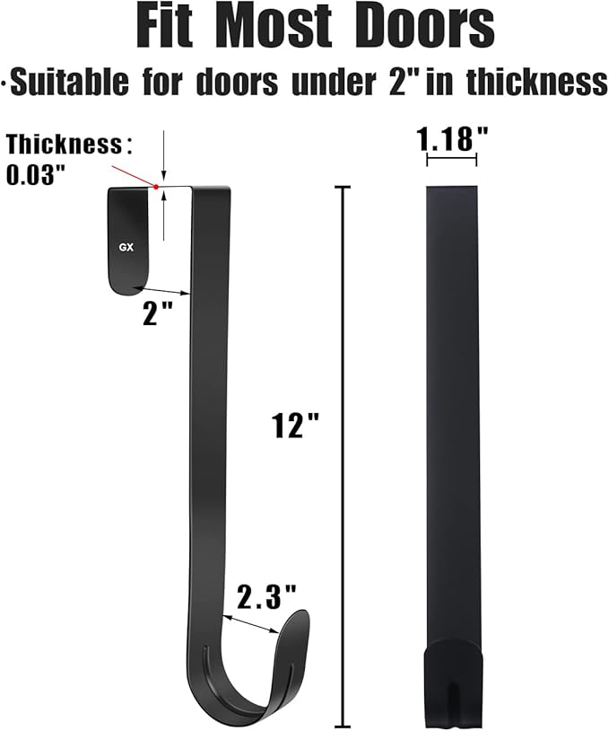 GameXcel 12" Wreath Hanger for Front Door - Large Wreath Metal Hook for Christmas Wreath Over The Door Single Hook, Black