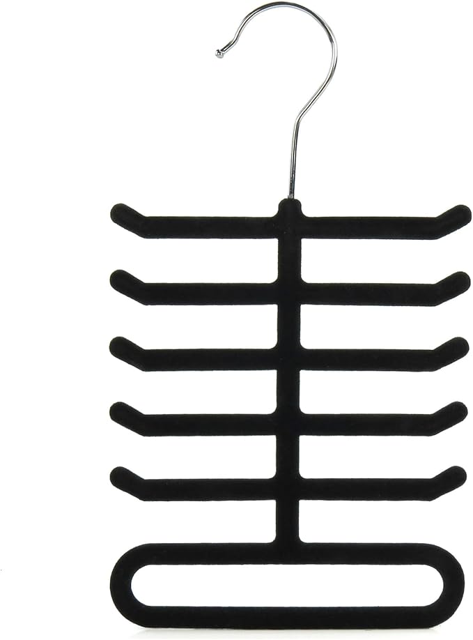 Hangerworld Single Black Flocked Tie Rack & Belt Organiser Non-Slip Coat Clothes Accessory Hanger, Metal