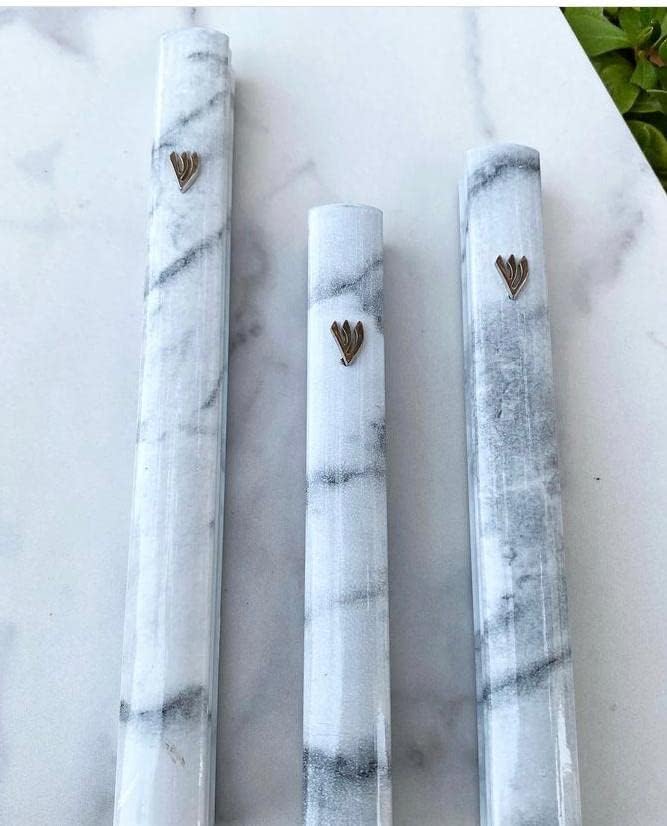 A&S Mezuzot Aluminum Mezuzah Case with 3D Painted Shin Design Easy Peel and Stick Judaica Door Mezuza for Parchment Scroll (White Marble, 6 Inches)