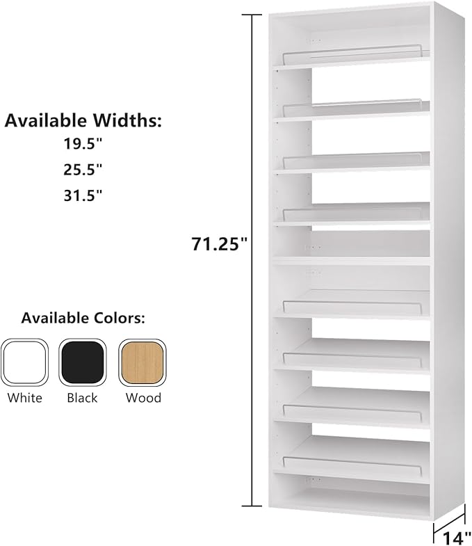 ROOMTEC Modular Closet System, 25.5" Shoe Shelf Closet Tower Wall-Mounted Closet Organizer, Wooden Tower for Walk-In Closets, Wardrobe Storage Kit, White