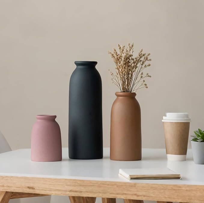Ceramic Vase Set-3, Small Flower Vases for Decor, Modern Boho Farmhouse Style, Decorative Vases for Pampas Grass & Dried Flowers, Distressed Finish (Light Coffee)