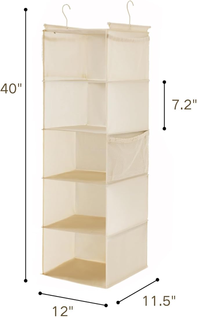 MAX Houser 5 Shelf Hanging Closet Organizer, Space Saver, Cloth Hanging Shelves with 4 Side Pockets, Foldable, Beige