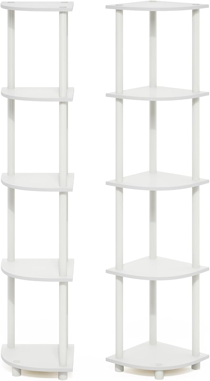 Furinno Turn-N-Tube Corner Shelf Set of 2, 5-Tier Corner Bookshelf, Open Storage Shelves, for Organization and Storage, Living Room, Home Office, Garage, White