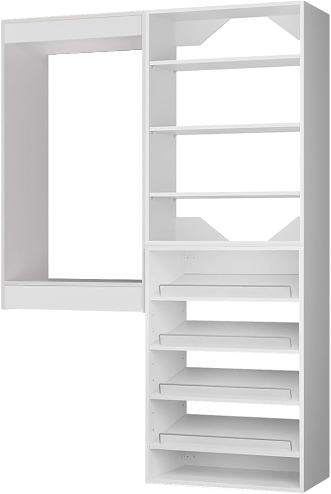 ROOMTEC Modular Closet System, 61" Wall Mounted Closet Organizer with Hanging Rods and Shoe Shelf, Wooden Tower for Walk-In Closets, Wardrobe Storage Kit, White