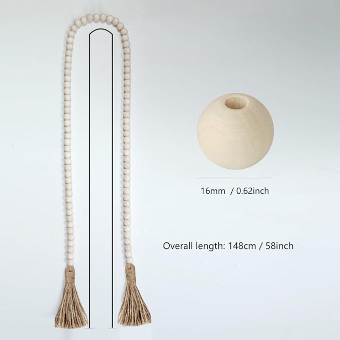 Boho Decor Wood Beads Garland Farmhouse Wall Hanging Decorations Natural Wooden Bead Tassel Decorative for Coffee Table Christmas and Prayer (Nature, 58")