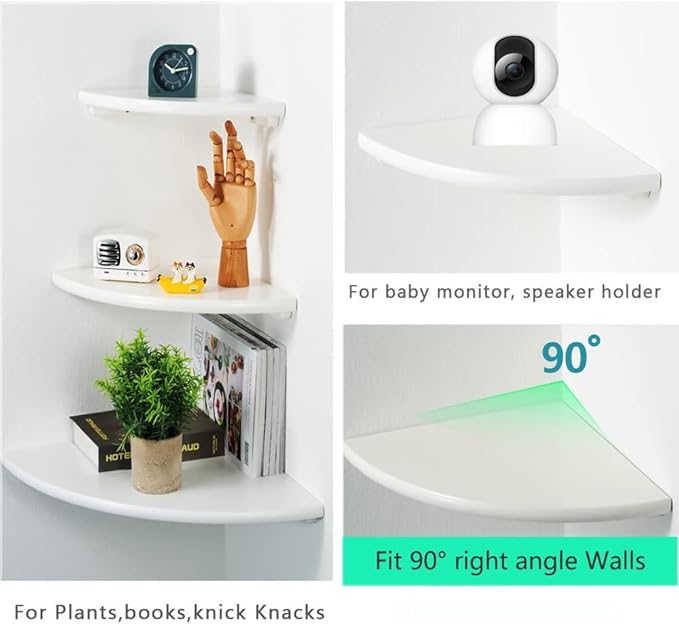 White Corner Shelf, Wall Mount Natural Oak Wood Floating Corner Wall Shelf Round End Small Corner Nightstand Plant Shelf for Bedroom, Kitchen, Living Room 14inch