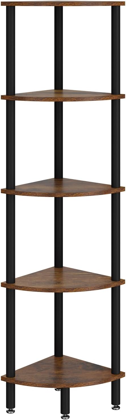 IBUYKE 5 Tier Corner Shelf Stand,Industrial Corner Display Rack,Corner Bookshelf for Living Room, Bedroom, Kitchen, Home Office, Brown WBC010H