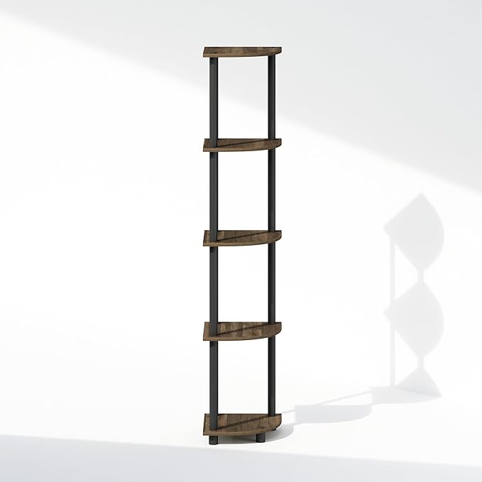 Furinno Turn-N-Tube Storage Shelves, 5-Tier Book Shelf, Corner Shelf, Toolless Open Shelves, for Organization and Storage, Living Room, Home Office, Hallway, Bedroom, Columbia Walnut