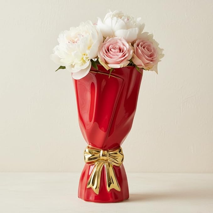 Red and Gold Bow Ceramic Vase - Flower Vases for Home Decor, Bow Decor, Boho Style, 9.65 Inch Flower Vases for Bouquet, Large Vase for Ideal Shelf Decor/Table (Red and Gold, Large)