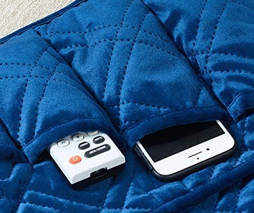 Brilliant Sunshine Blue Velvet Couch Sofa Armrest 5 Pockets Organizer, Slip Resistant Recliner Armchair Caddy, Washable Remote Controls Holder, Storage for Magazine, Tablet, Phone, 35×13", Dark Blue