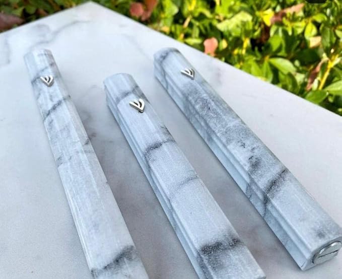 A&S Mezuzot Aluminum Mezuzah Case with 3D Painted Shin Design Easy Peel and Stick Judaica Door Mezuzah for Parchment Scroll (White Marble, 7 Inches)