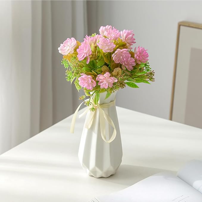 Origami Ceramic Vase with Ribbon, 7.9" H, Artistic Design Flower Vase Geometrical Style for Modern Home Decoration
