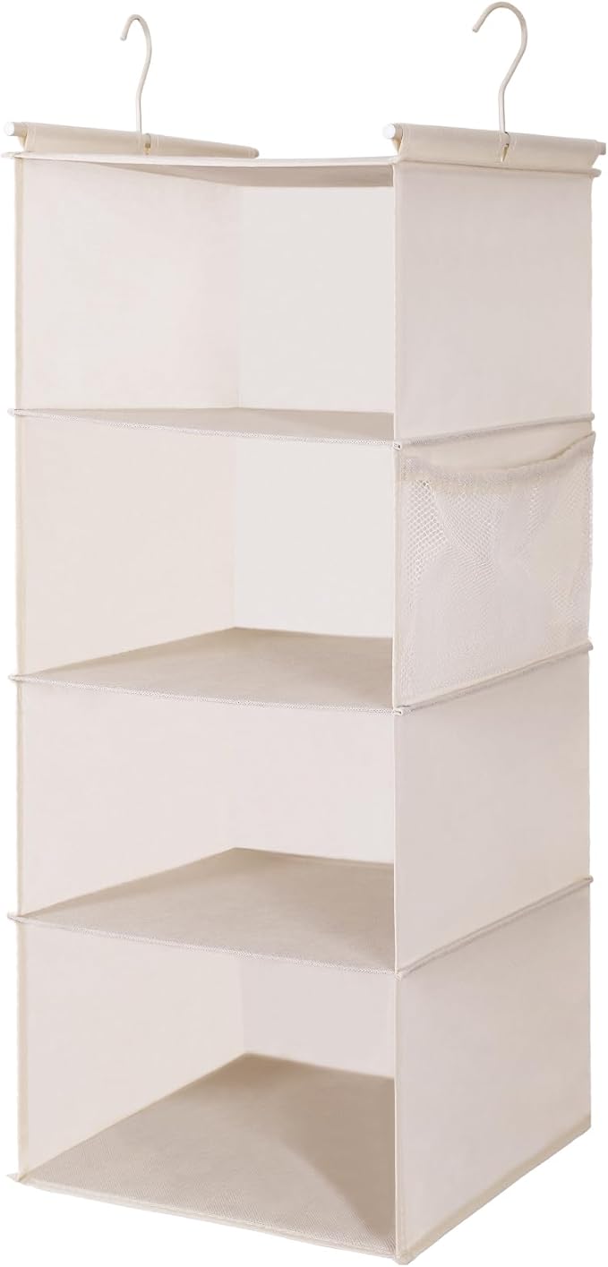 MAX Houser 4 Tier Shelf Hanging Closet Organizer, Space Saver,Closet Hanging Shelf with 2 Sturdy Hooks for Storage, Foldable (Beige)
