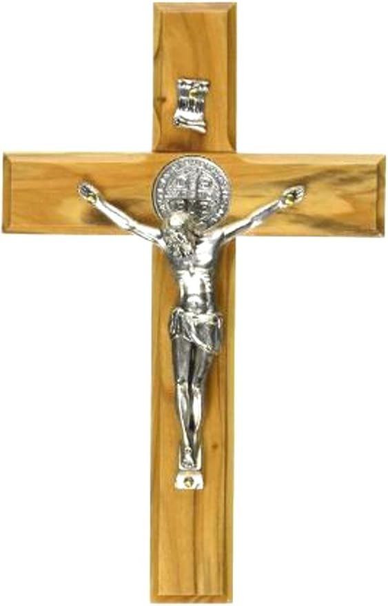 Holy Land Market Saint Benedict Wall Crucifix - Handmade Silver Tone Corpus, 6 Inch Wall Cross, St. Benedict Decor