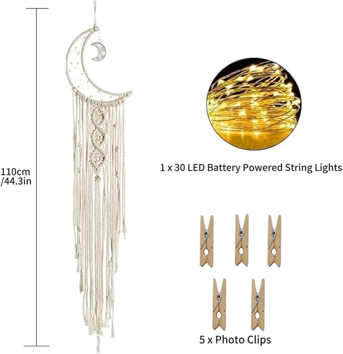 Dream Catcher with LED String Lights Handmade Boho Macrame Wall Hanging Photo Display Woven Decoration Ornament with Photo Clips for Room Wedding Home Decor (Moon)