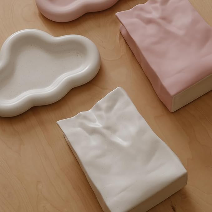 WENSHUO Crinkle Paper Bag Shape Ceramic Vase, Large Capacity for Flower Arrangement, Bookshelf Decorative (Nacre White)