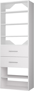 ROOMTEC Modular Closet System, 25.5" 2 Drawer Shelf Closet Tower Wall-Mounted Closet Organizer, Wooden Tower for Walk-In Closets, Wardrobe Storage Kit, White