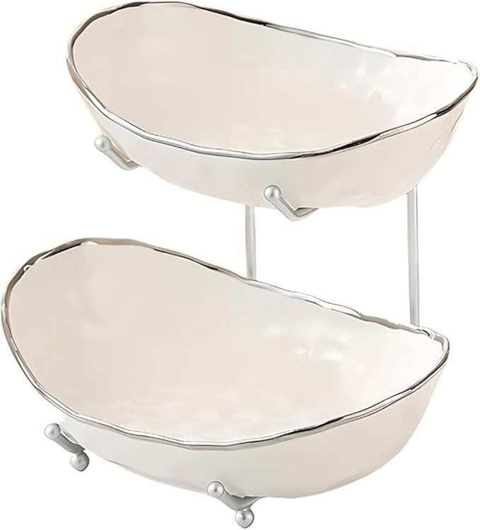 jessie 2 Tier Ceramic Fruit Bowl for Kitchen Counter with Metal Rack, Fruit Basket with Stand, Porcelain Bowls for Vegetable Bread Candy Snack Nuts Dessert Cake Tray (Silver 2 layer)