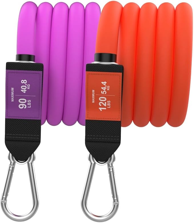 Bodylastics Stackable Resistance Bands - Max 90lb Purple and Max 120lb Orange Band Pack - Patented Snap Reduction Tech Workout Bands - Strong Nickel Coated Iron Clips