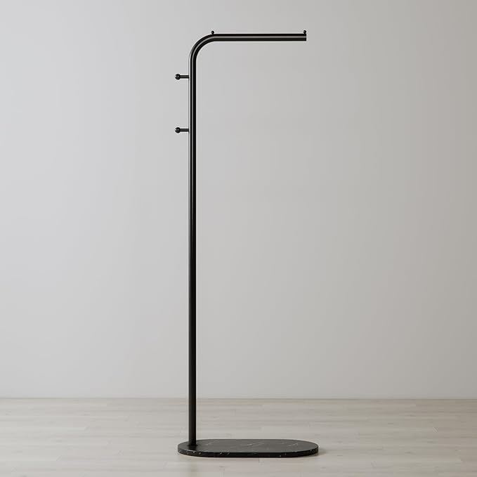 Freestanding Clothing Rack with Marble Base, Modern Garment Rack for Small Spaces, Sturdy Metal Coat Rack with Hooks, Clothes Rack for Hanging Clothes in Bedroom, Closet, Entryway (black)