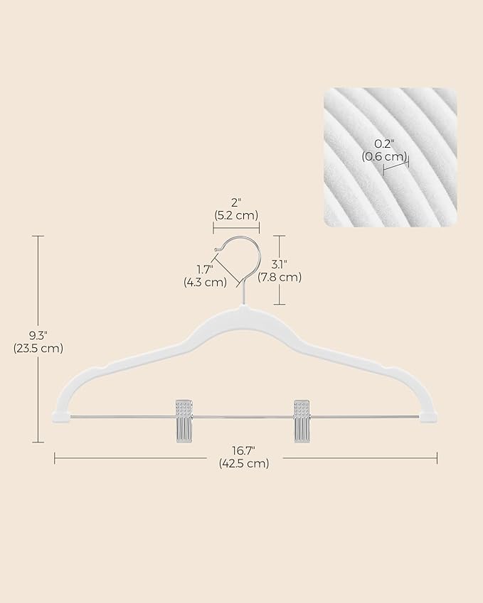 SONGMICS 20-Pack Pants Hangers, 16.7-Inch Long Velvet Hanger with Adjustable Clips, Heavy-Duty, Non-Slip Skirt Hangers, Space-Saving for Pants, Skirts, Coats, Dresses, White UCRF012W20