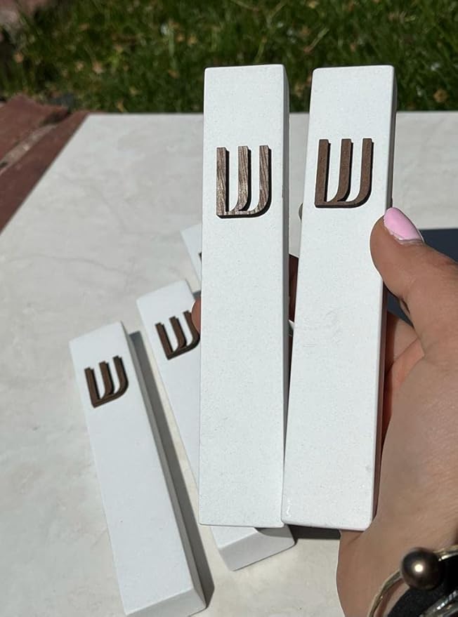 A&S Mezuzot Modern Concrete Mezuzah Case with Scroll, Easy Peel and Stick Mezuza (Ivory+ Wood Shin, 7 Inches)