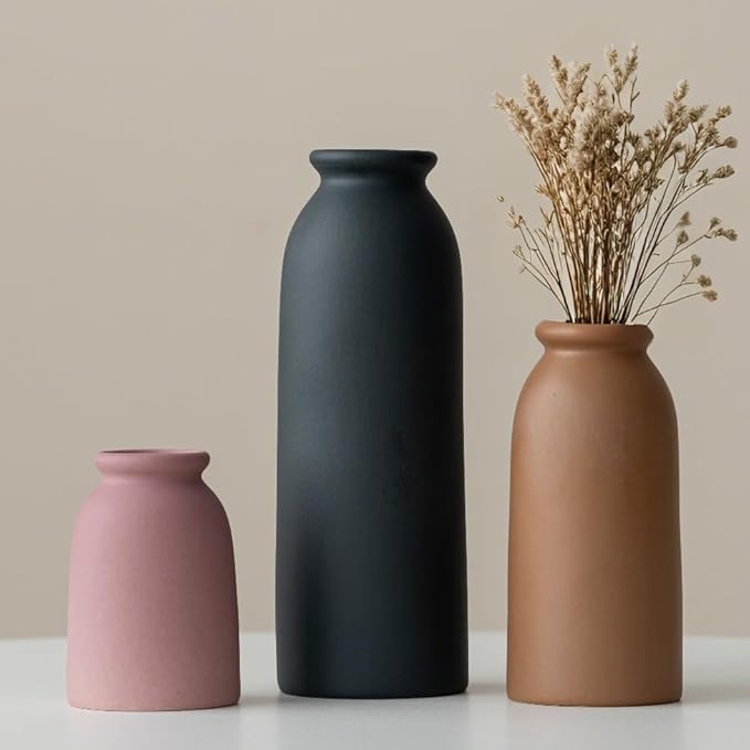 Ceramic Vase Set-3, Small Flower Vases for Decor, Modern Boho Farmhouse Style, Decorative Vases for Pampas Grass & Dried Flowers, Distressed Finish (Light Coffee)