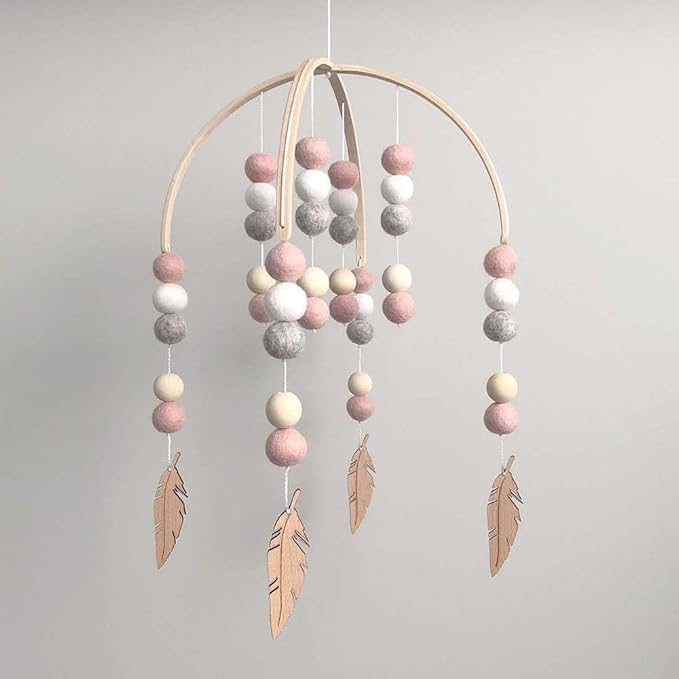 WAYUTO Neutral Handmade Felt Ball Ceiling Mobile - Pink Cloud Design