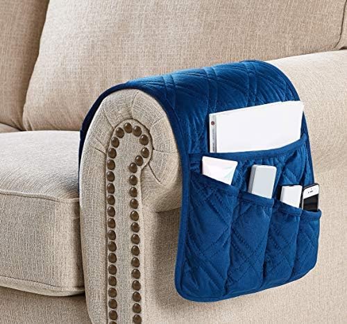Brilliant Sunshine Blue Velvet Couch Sofa Armrest 5 Pockets Organizer, Slip Resistant Recliner Armchair Caddy, Washable Remote Controls Holder, Storage for Magazine, Tablet, Phone, 35×13", Dark Blue