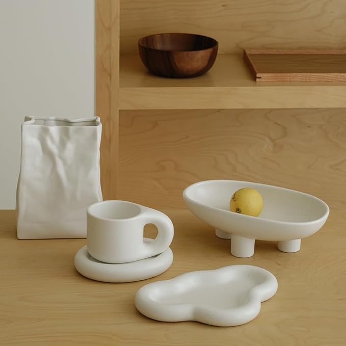 WENSHUO Crinkle Paper Bag Shape Ceramic Vase, Large Capacity for Flower Arrangement, Bookshelf Decorative (Nacre White)