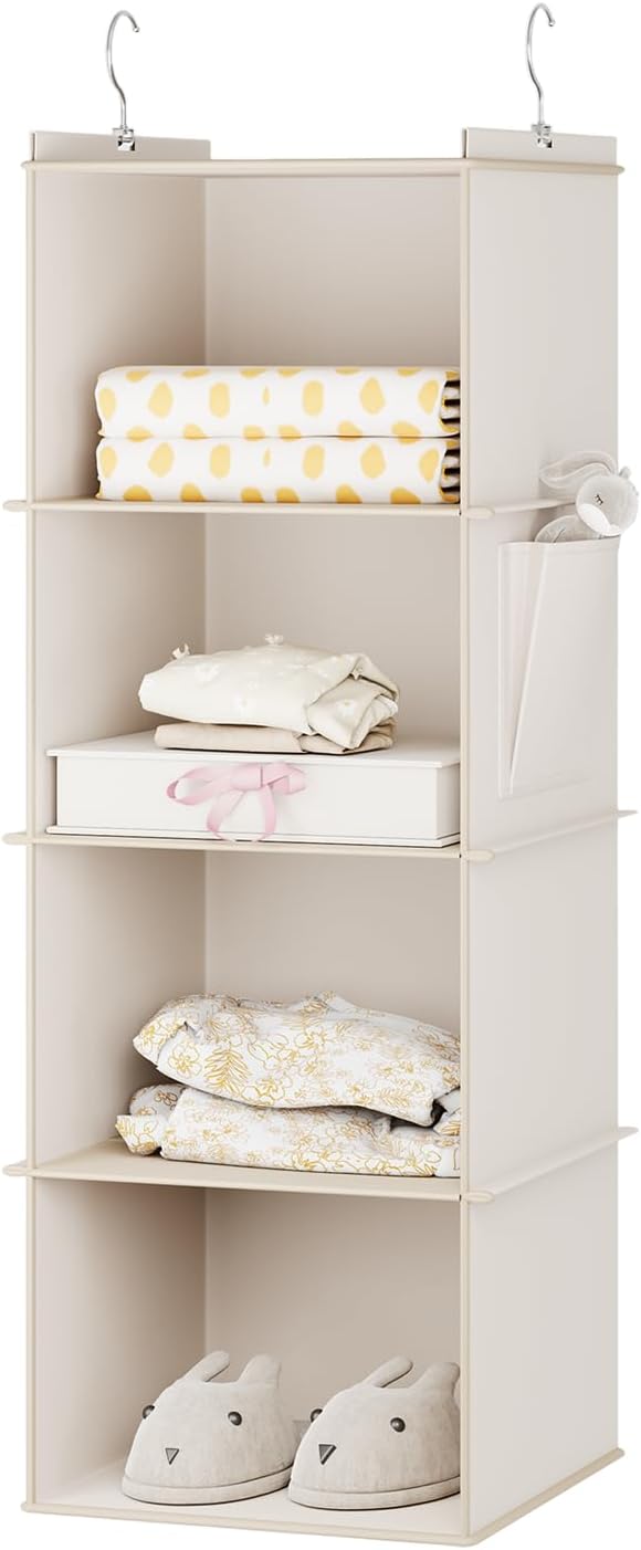 YOUDENOVA Hanging Closet Organizer, 4-Shelf Closet Hanging Storage Shelves, Beige