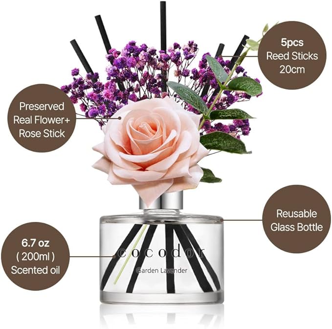 COCODOR Rose Flower Reed Diffuser/White Jasmine/6.7oz/1Pack / Home Fragrance Scent Essential Oil Stick Diffuser for Bedroom Bathroom Home Decor for Women