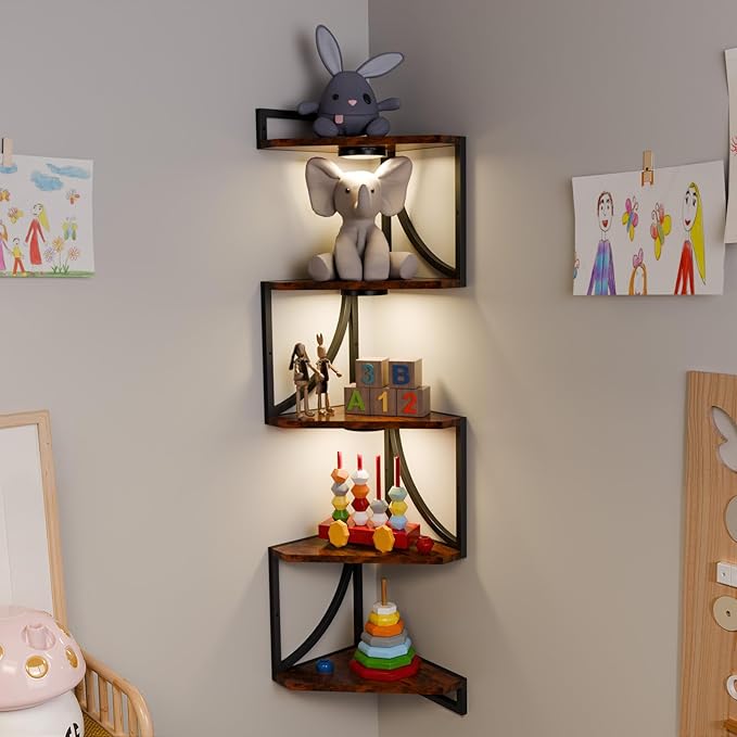 HAAYOT Corner Shelf Wall Mounted with Lights, 5-Tier Floating Metal Shelves for Living Room, Bedroom, Rustic Brown