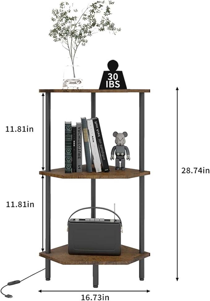 3 Tier Corner Shelf with LED Light,Bookcase for Small Spaces,Display Shelf,Narrow Bookshelf,Plant Stand,Rustic Brown and Black,Suitable for Bedroom,Living Room,Kitchen