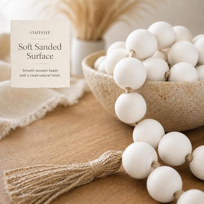 OMISHE 50" Long Extra Large Wood Bead Garland with 1.6" Diameter Wooden Beads and Tassels, Rustic Farmhouse Country Decorative Beads for Home Tiered Tray Decor, White