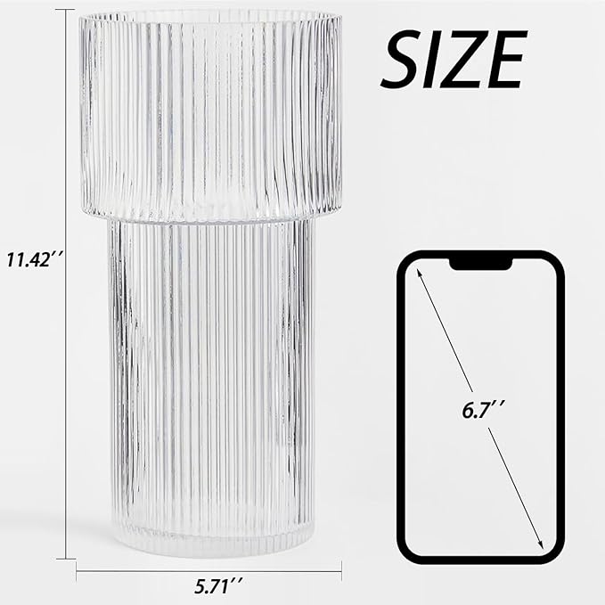 Large Glass Vase, 12 Inches Tall Vase for Flowers, Flower Vases for Bouquet, Modern Ribbed Glass Vases for Living Room, Dining Table, Office, Entryway, Mantle, Shelf, Wedding Gifts